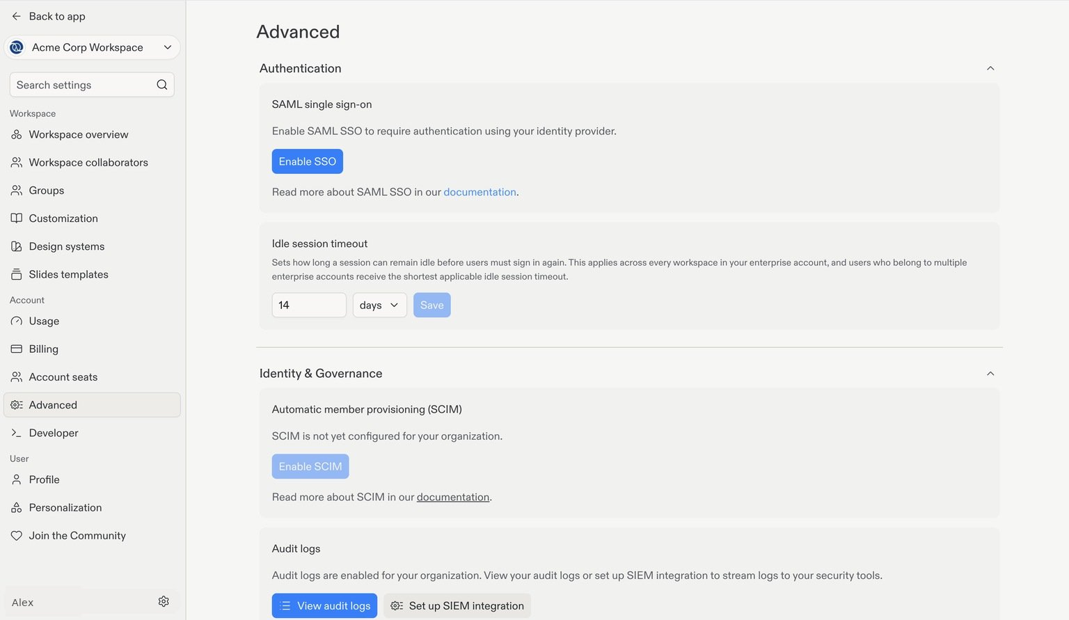 Advanced settings showing the Authentication section and Enable SSO button on the SAML single sign-on card.