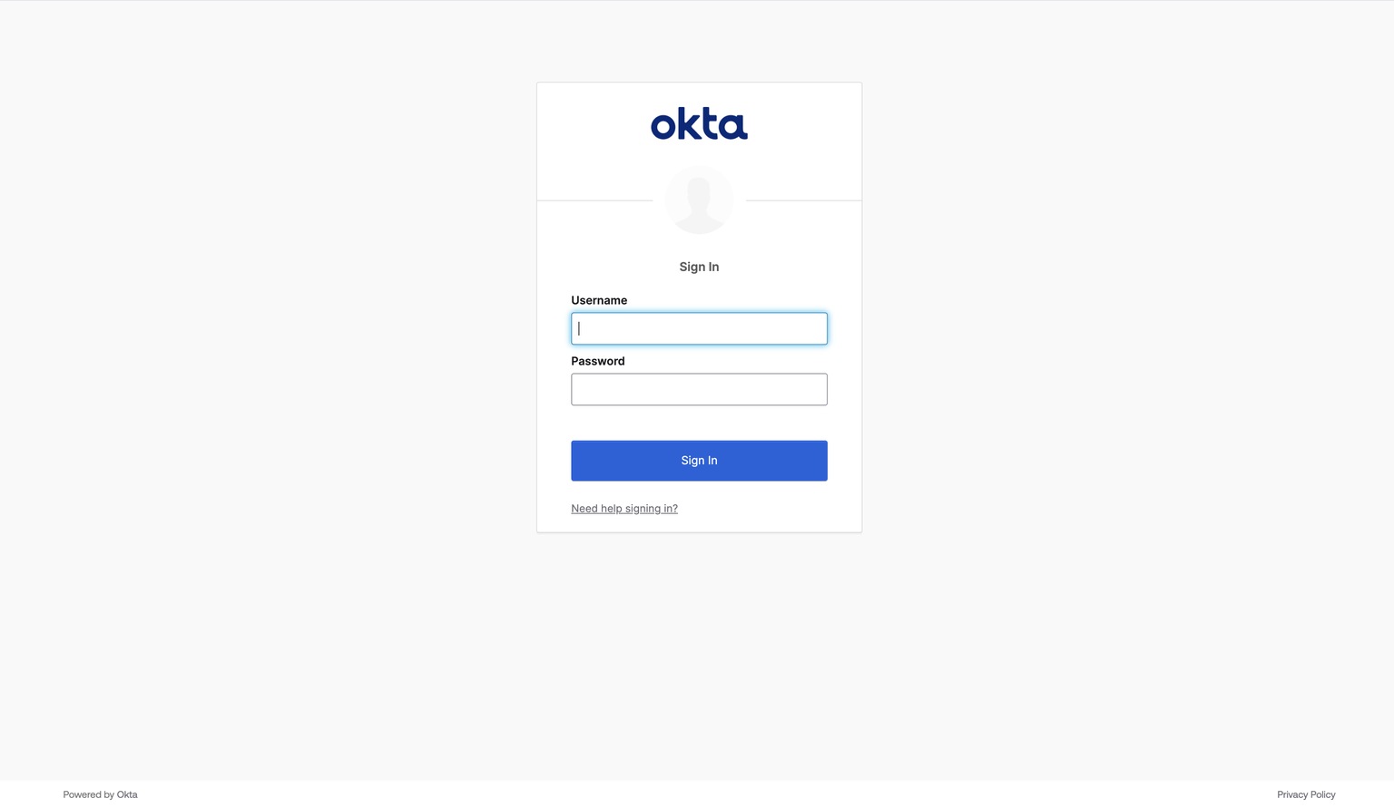 Okta sign-in screen with empty Username and Password fields.