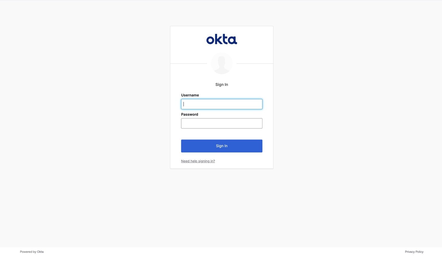 UsernameとPasswordの入力欄が空のOktaサインイン画面。