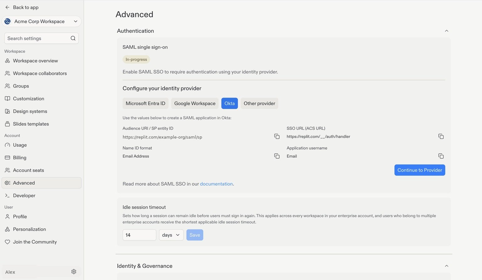 In-progressと表示されたSAMLセットアップに、IDプロバイダーの選択肢、サービスプロバイダーの値、Continue to Providerボタンがある画面。