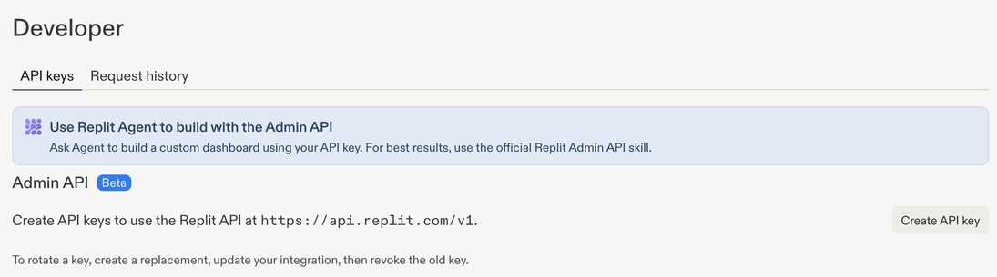 Developer settings showing API keys and Request history tabs, the Admin API section, and Create API key.
