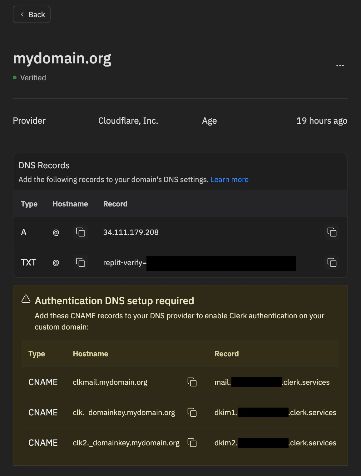 Panneau Manage du domaine affichant la section Authentication DNS setup required avec les enregistrements CNAME pour la livraison des e-mails Clerk