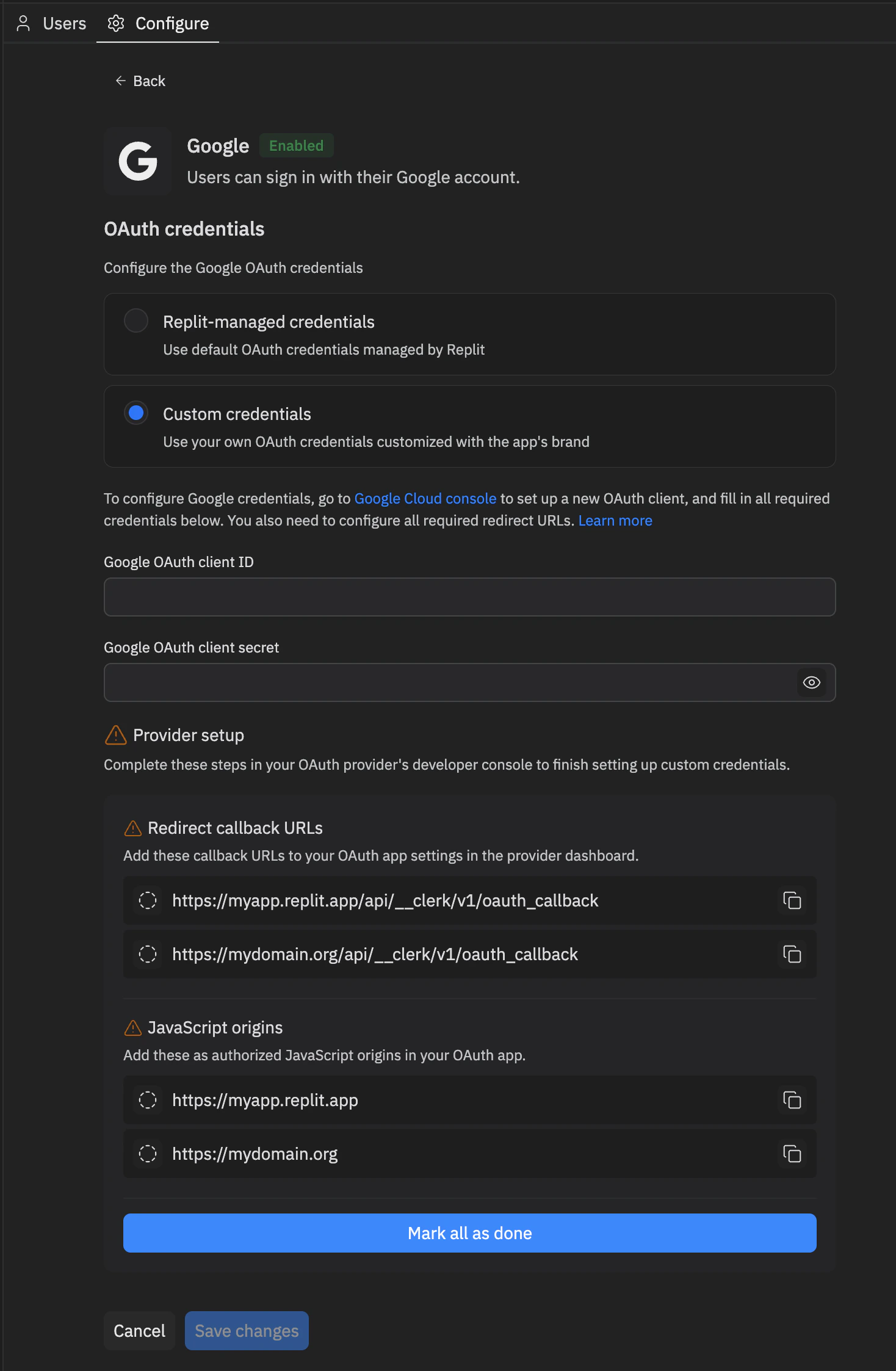 Panneau des identifiants personnalisés affichant les champs Client ID et secret OAuth, et une liste de contrôle Provider setup avec les URL de rappel de redirection et les origines JavaScript