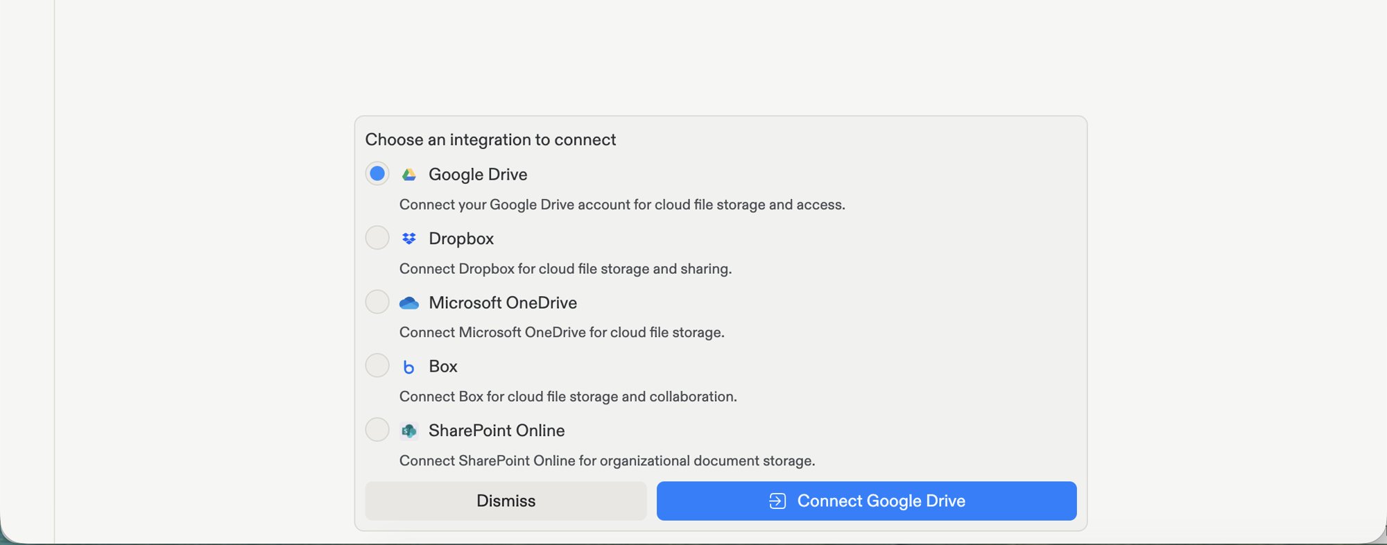 Agent's Choose an integration to connect picker listing Google Drive, Dropbox, Microsoft OneDrive, Box, and SharePoint Online