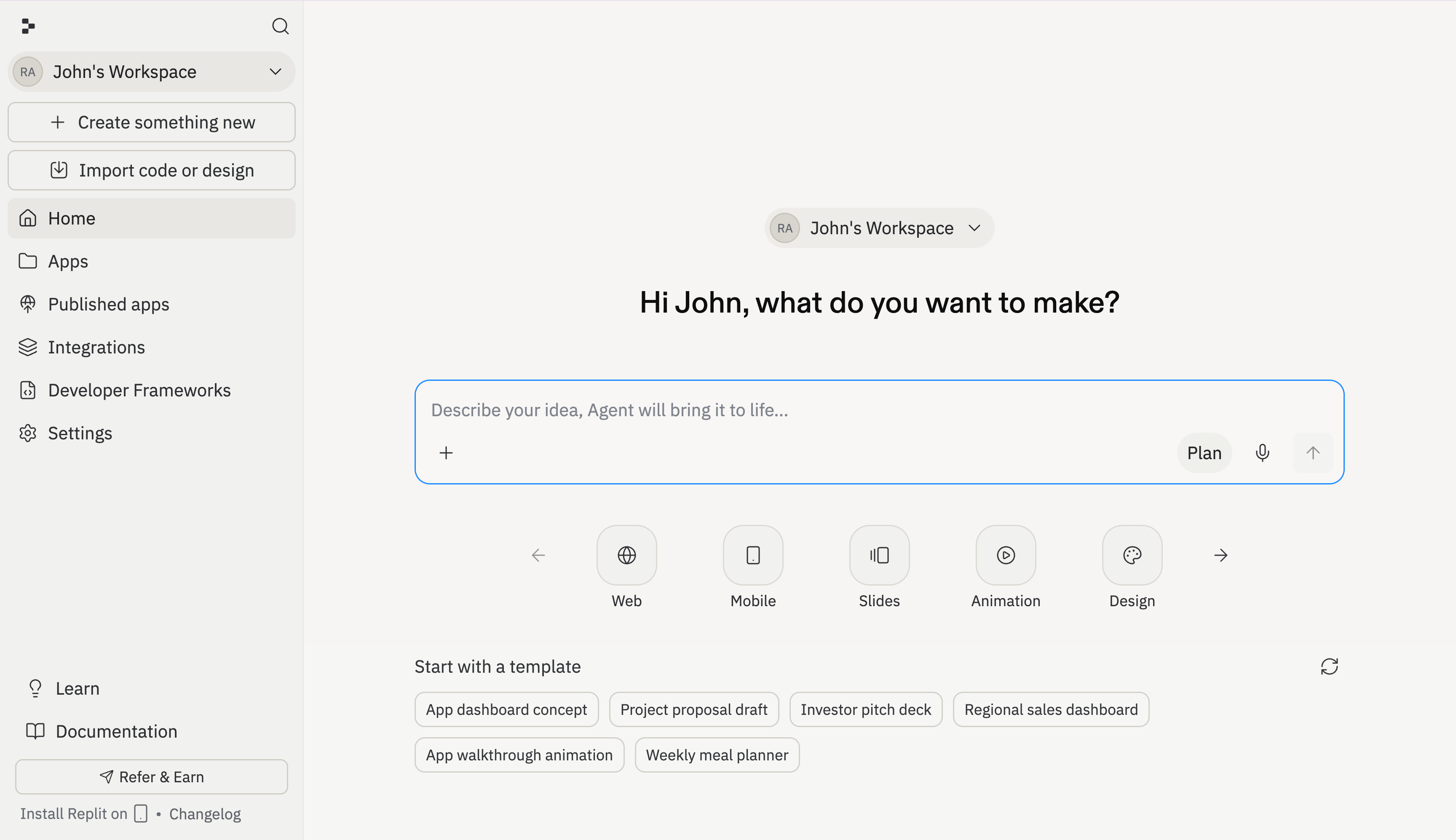 The Replit Workspace home screen showing the prompt input where you describe what you want to build
