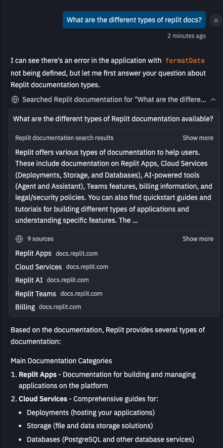 Agent answering with Replit Docs