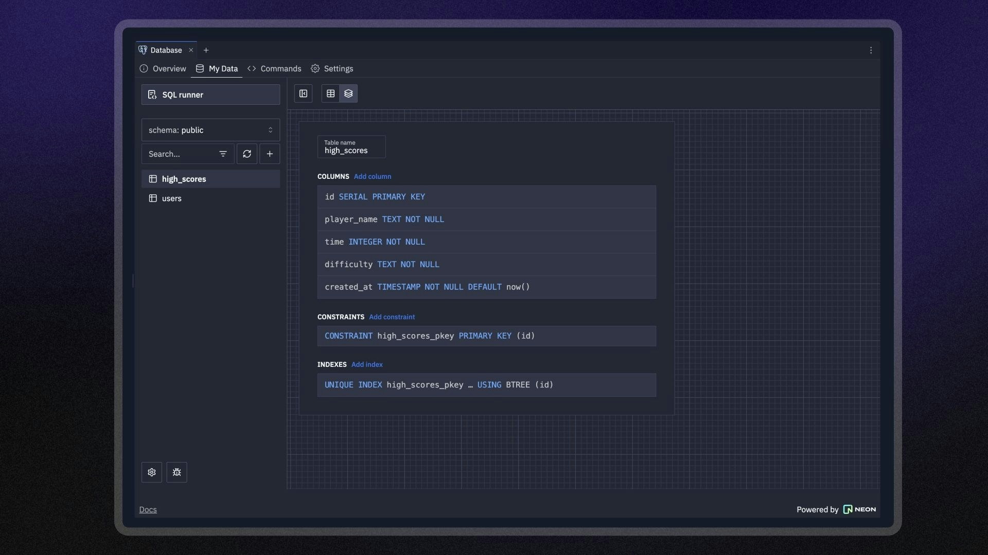 screenshot of the database editor