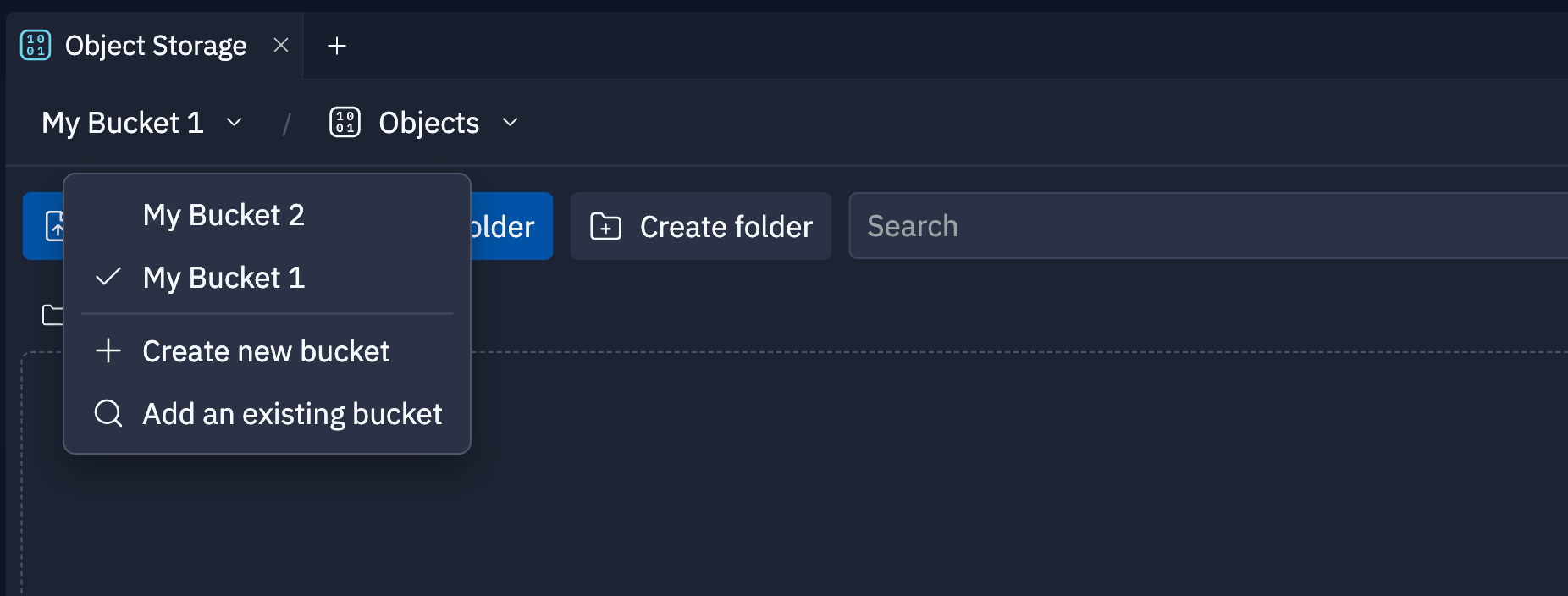 screenshot of bucket selection menu