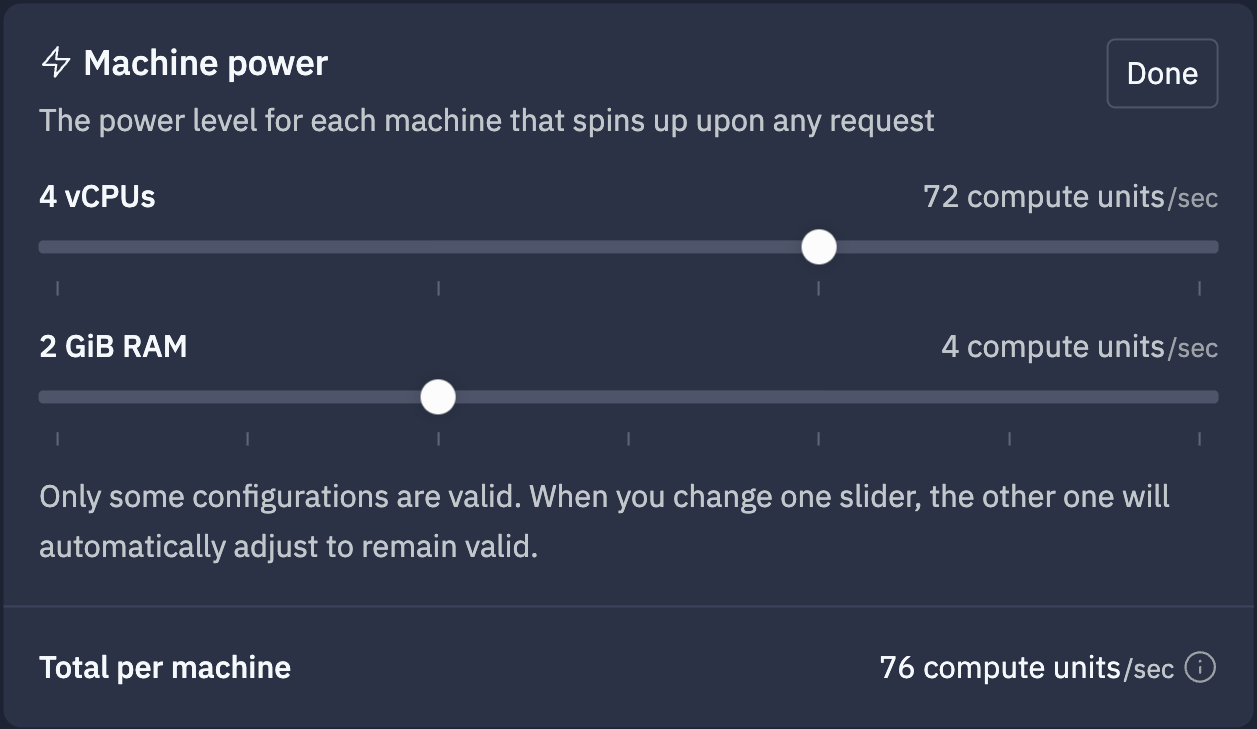 screenshot of the machine power configuration