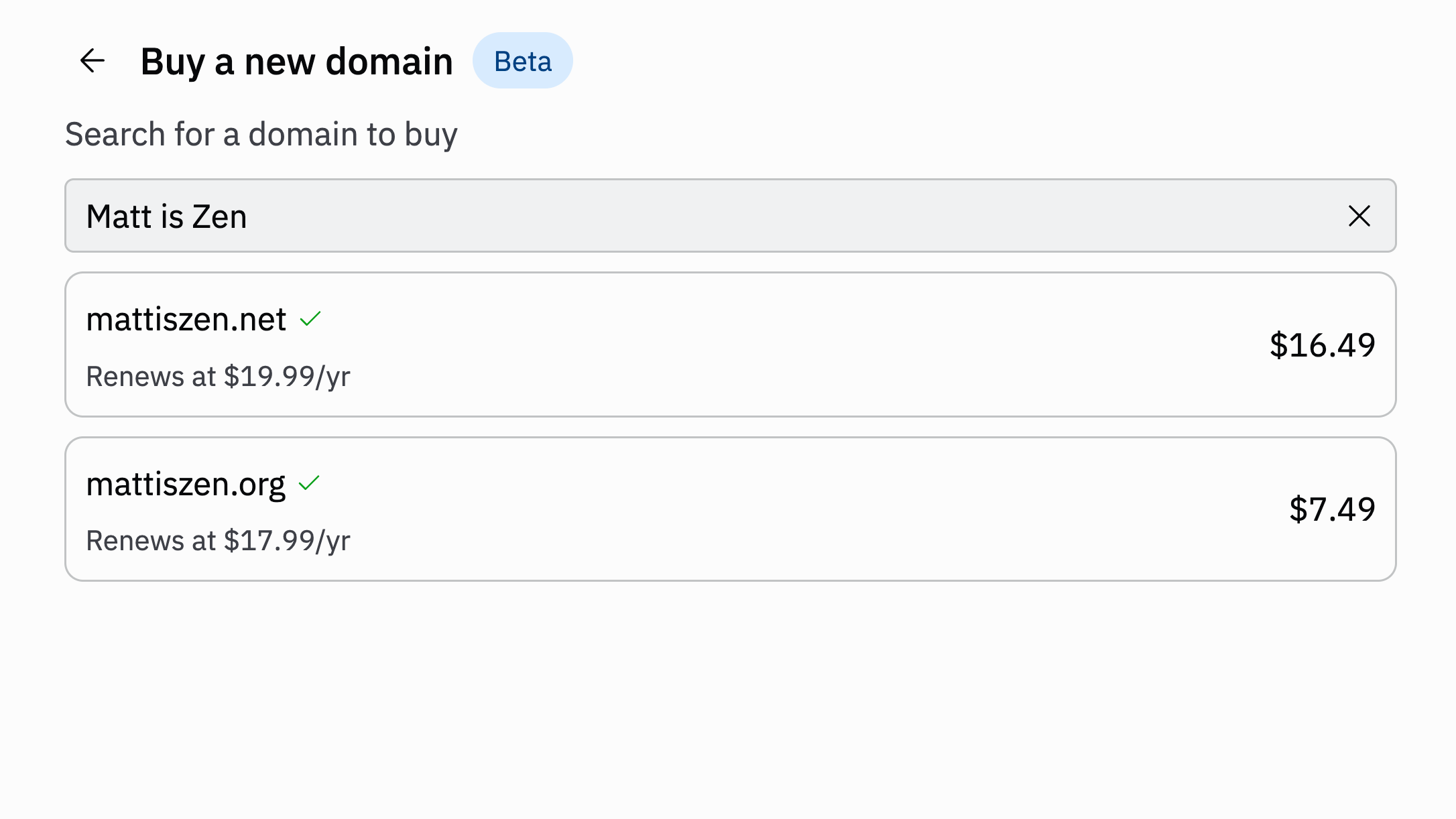 Domain search interface showing available domains with extensions like .com and .ai