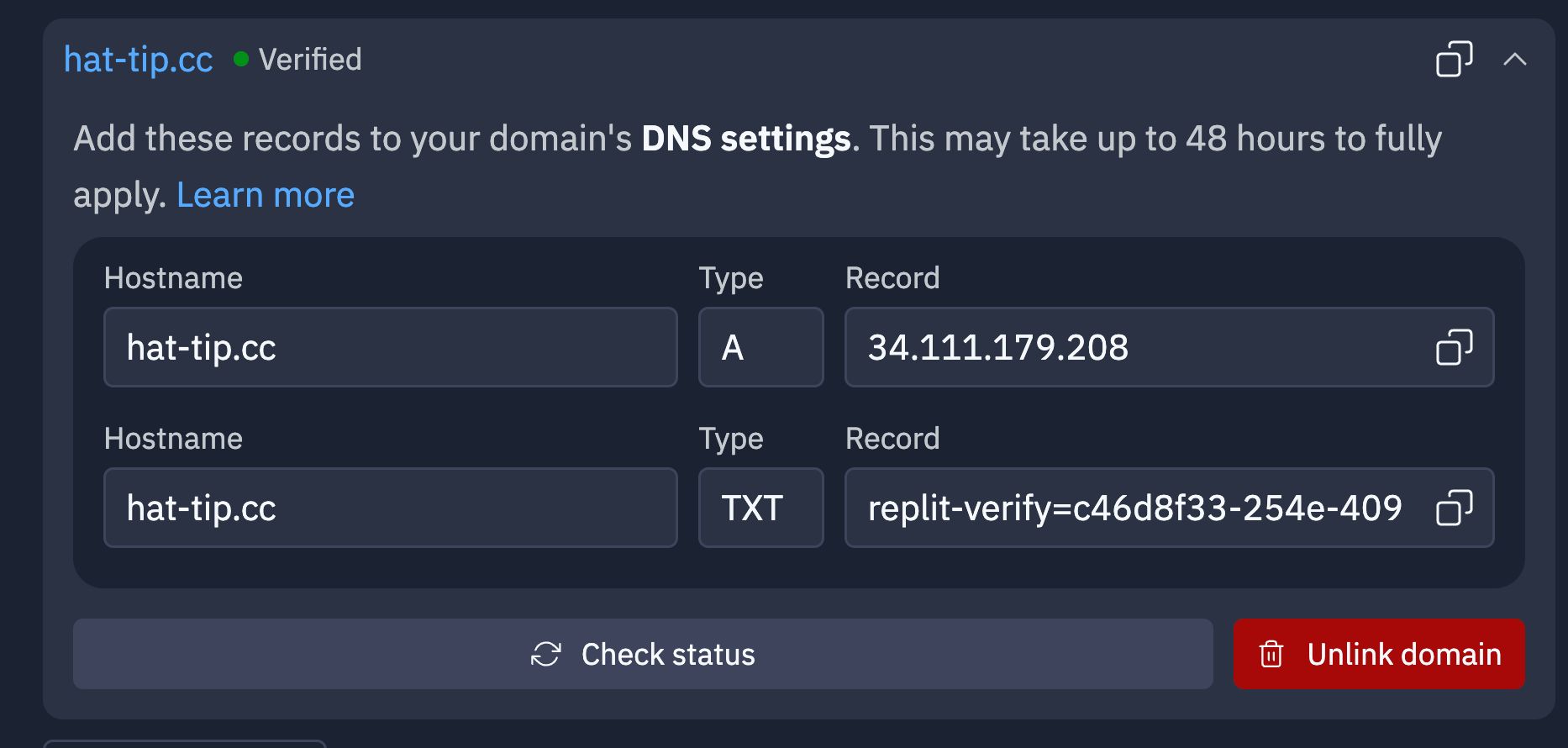 screenshot of the verified domain status