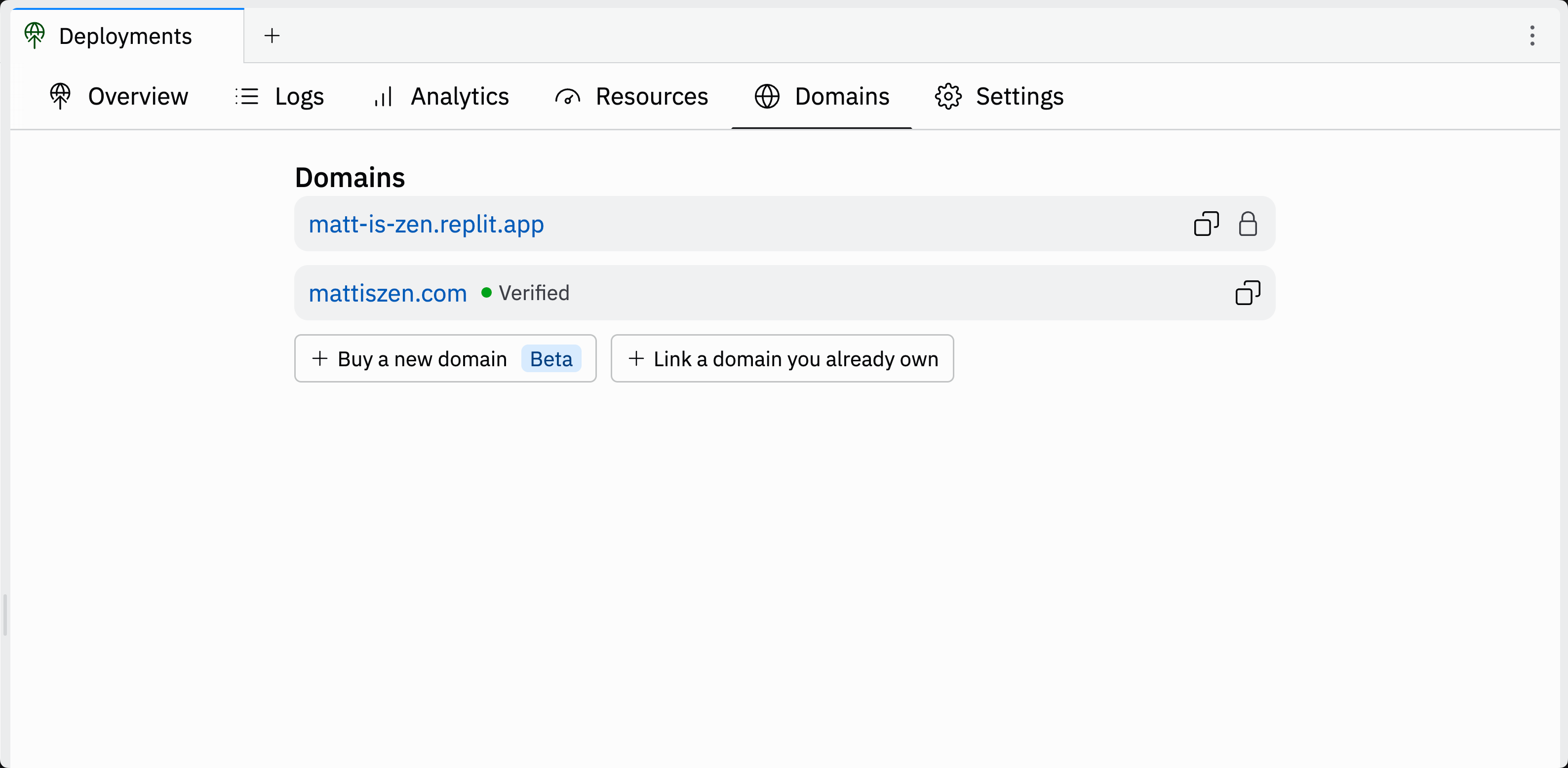 Domain management interface showing purchased domains and their connection status
