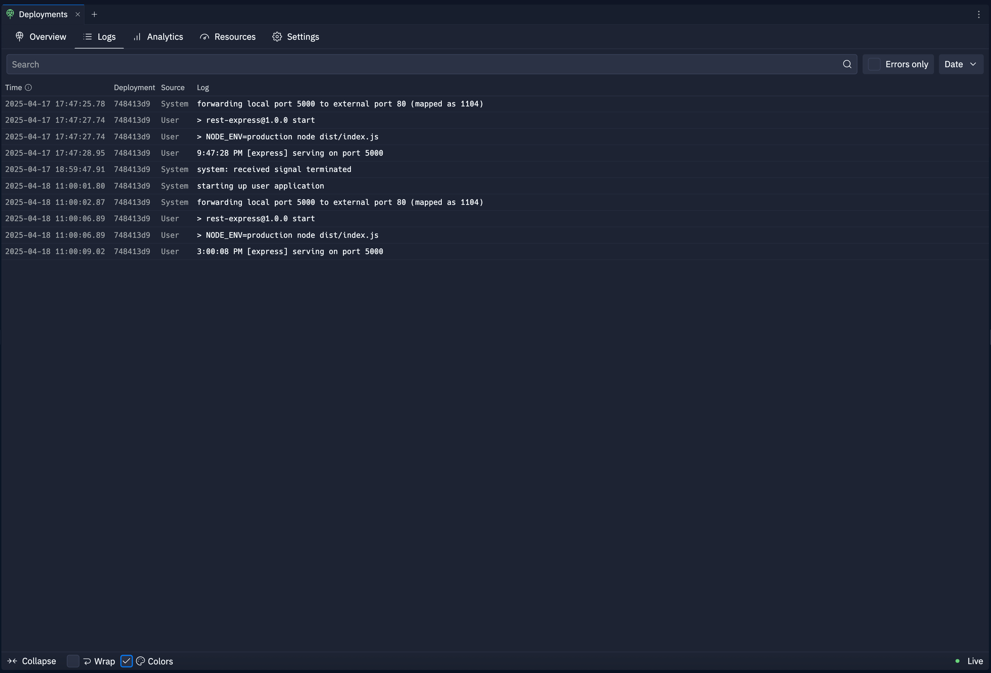 Published App Logs tab