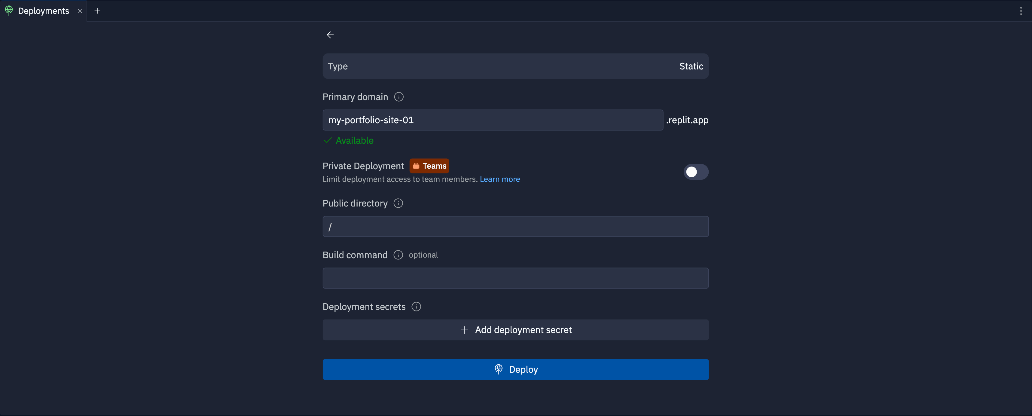 Static Deployment options screen