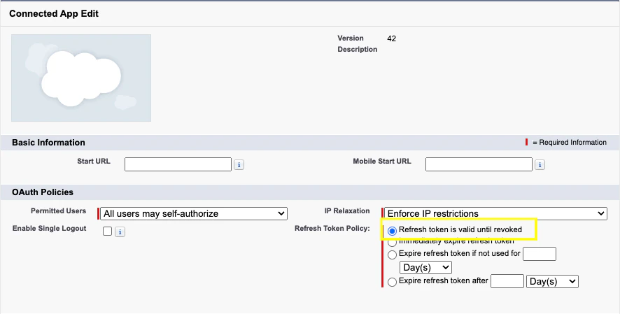 Page de modification de l'application connectée Salesforce affichant la politique de jeton d'actualisation définie sur 'Le jeton d'actualisation est valide jusqu'à révocation'