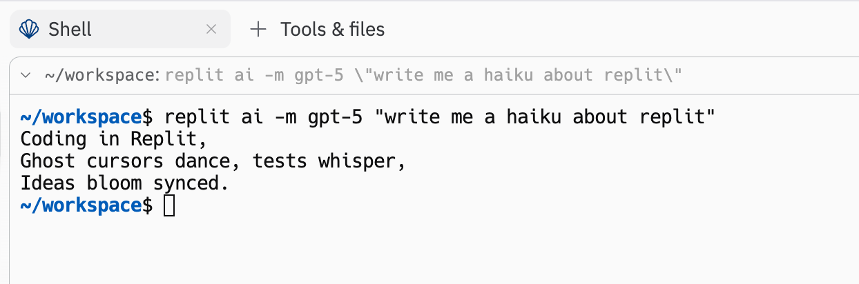 Shell affichant la sortie de la commande replit ai