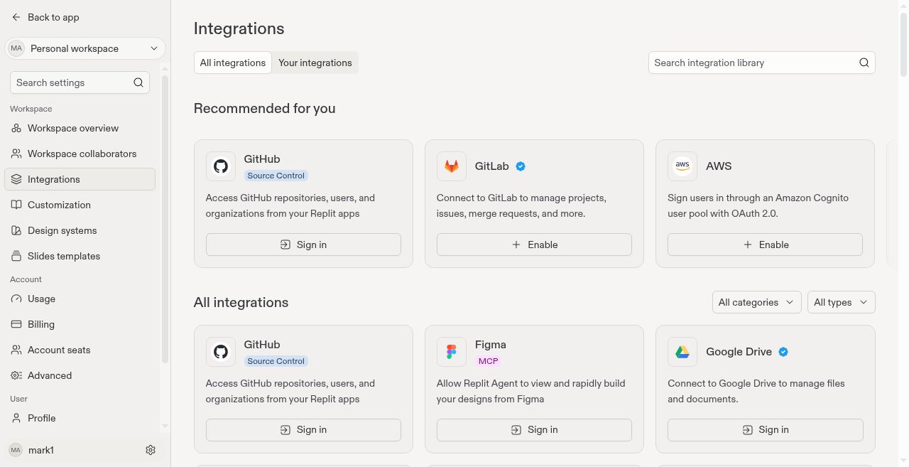 Personal integrations showing GitHub and GitLab connection cards.