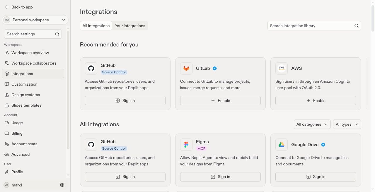 Personal integrations showing GitHub and GitLab connection cards.