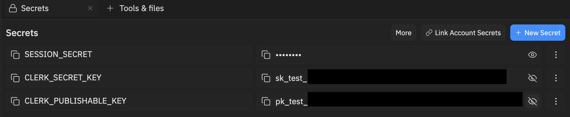 Secrets tool in the Workspace showing CLERK_SECRET_KEY and CLERK_PUBLISHABLE_KEY with sk_test_ and pk_test_ prefixes