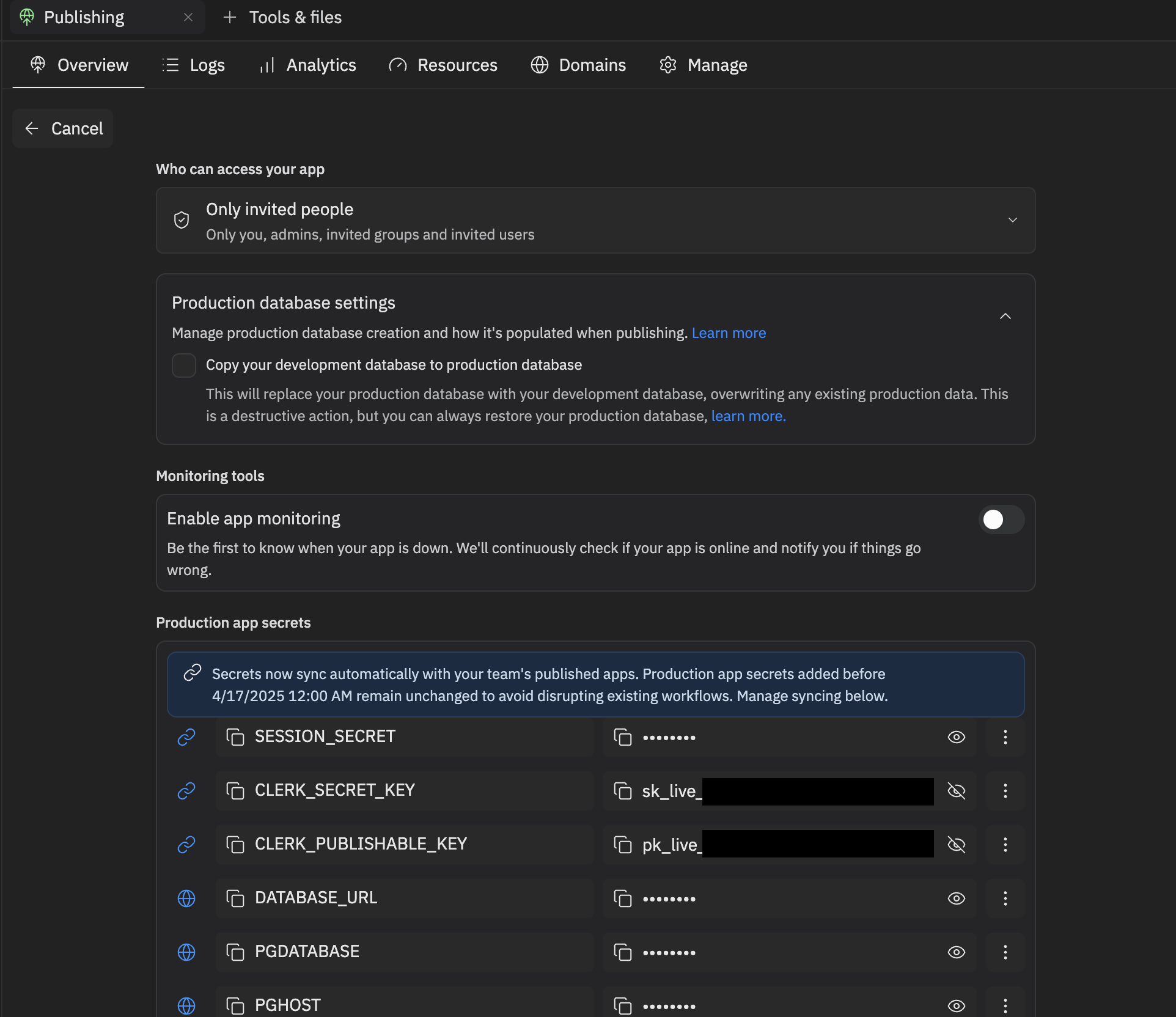Publishing Overview showing Production app secrets with CLERK_SECRET_KEY and CLERK_PUBLISHABLE_KEY using sk_live_ and pk_live_ prefixes