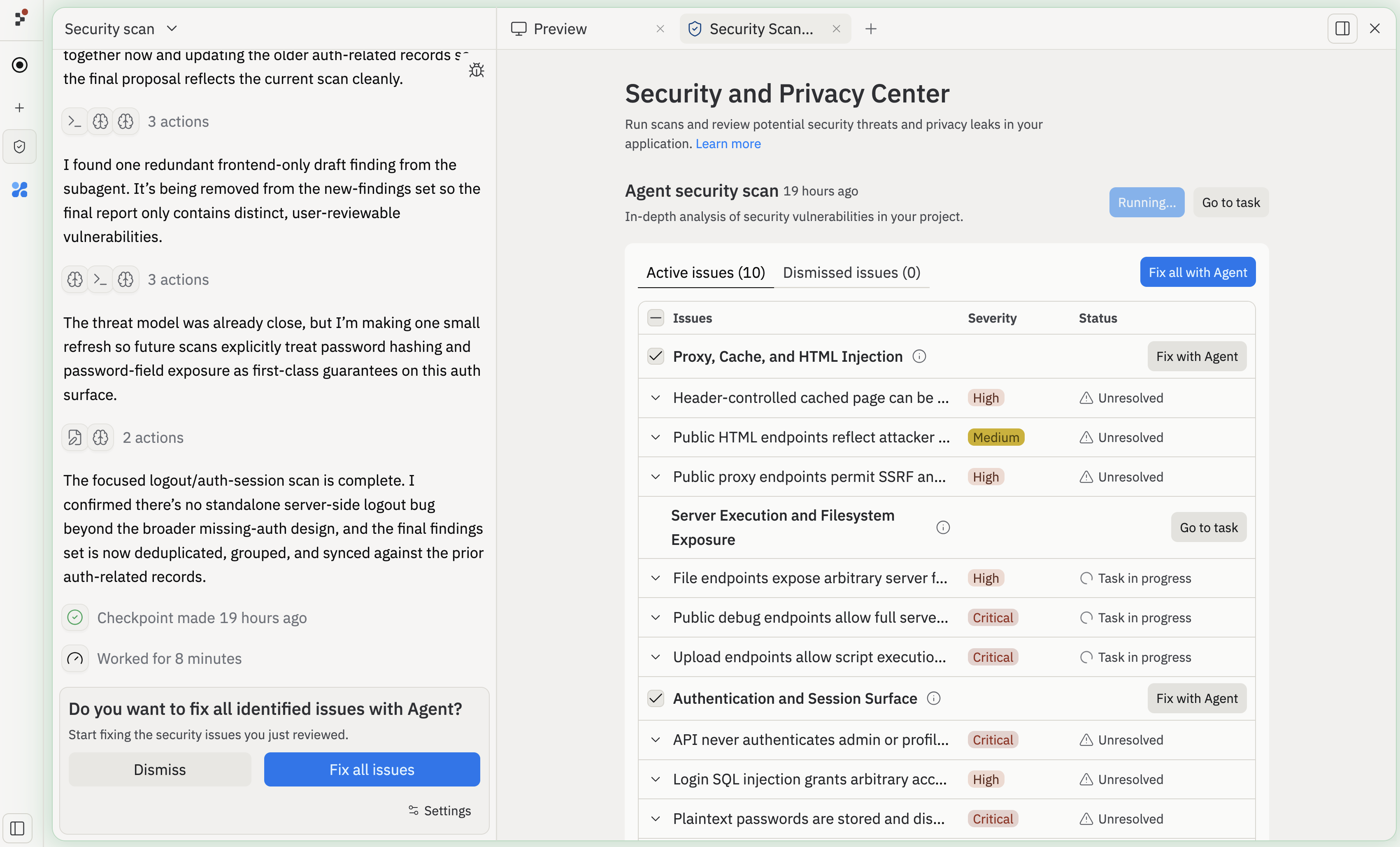 Project Security Center showing agent security scan results with categorized vulnerabilities by severity