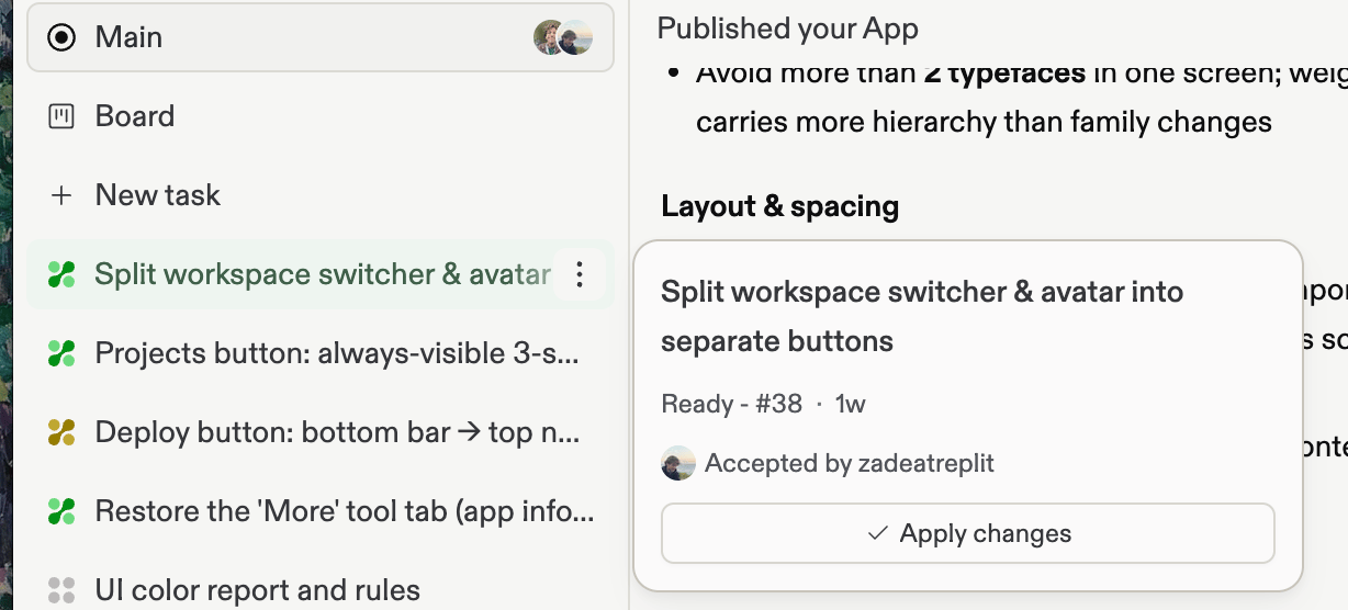 The workspace task sidebar showing Main, Board, and New task alongside a list of tasks and an Apply changes card for a selected task