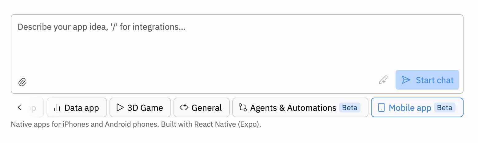 Replit homepage showing Mobile app selection option