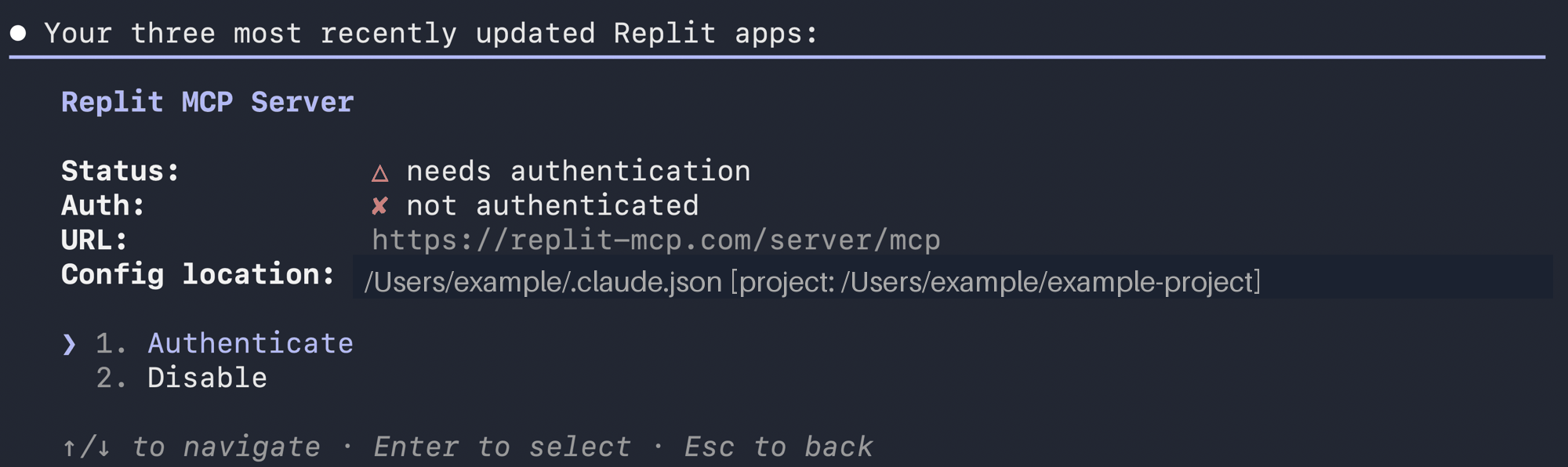 직접 연결되는 Replit 엔드포인트와 선택된 Authenticate가 표시된 Claude Code의 로컬 replit 서버 세부 정보