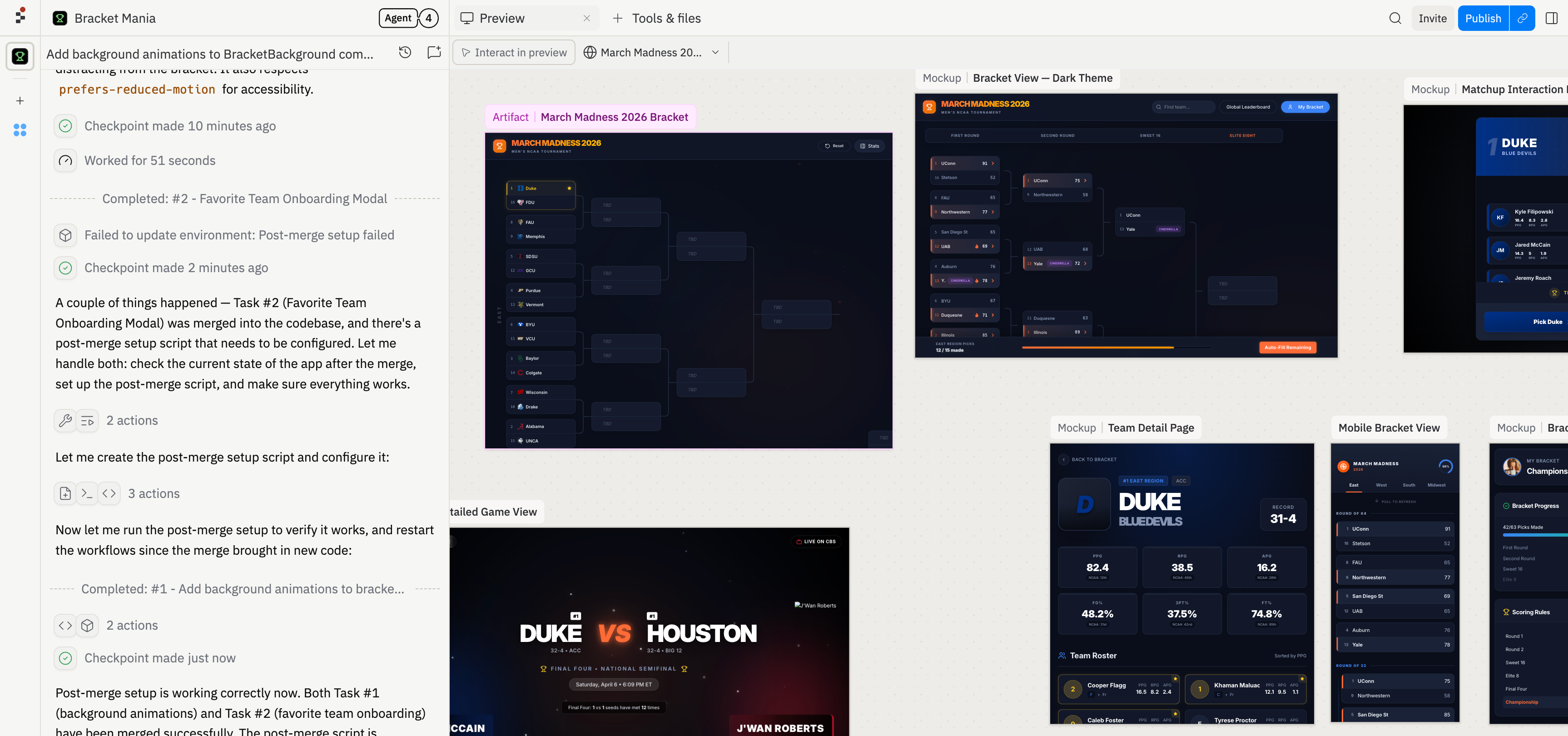Canvas showing multiple design mockups laid out side by side — dark theme, mobile views, and detail pages