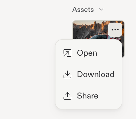 Asset three-dot menu with Open, Download, and Share options