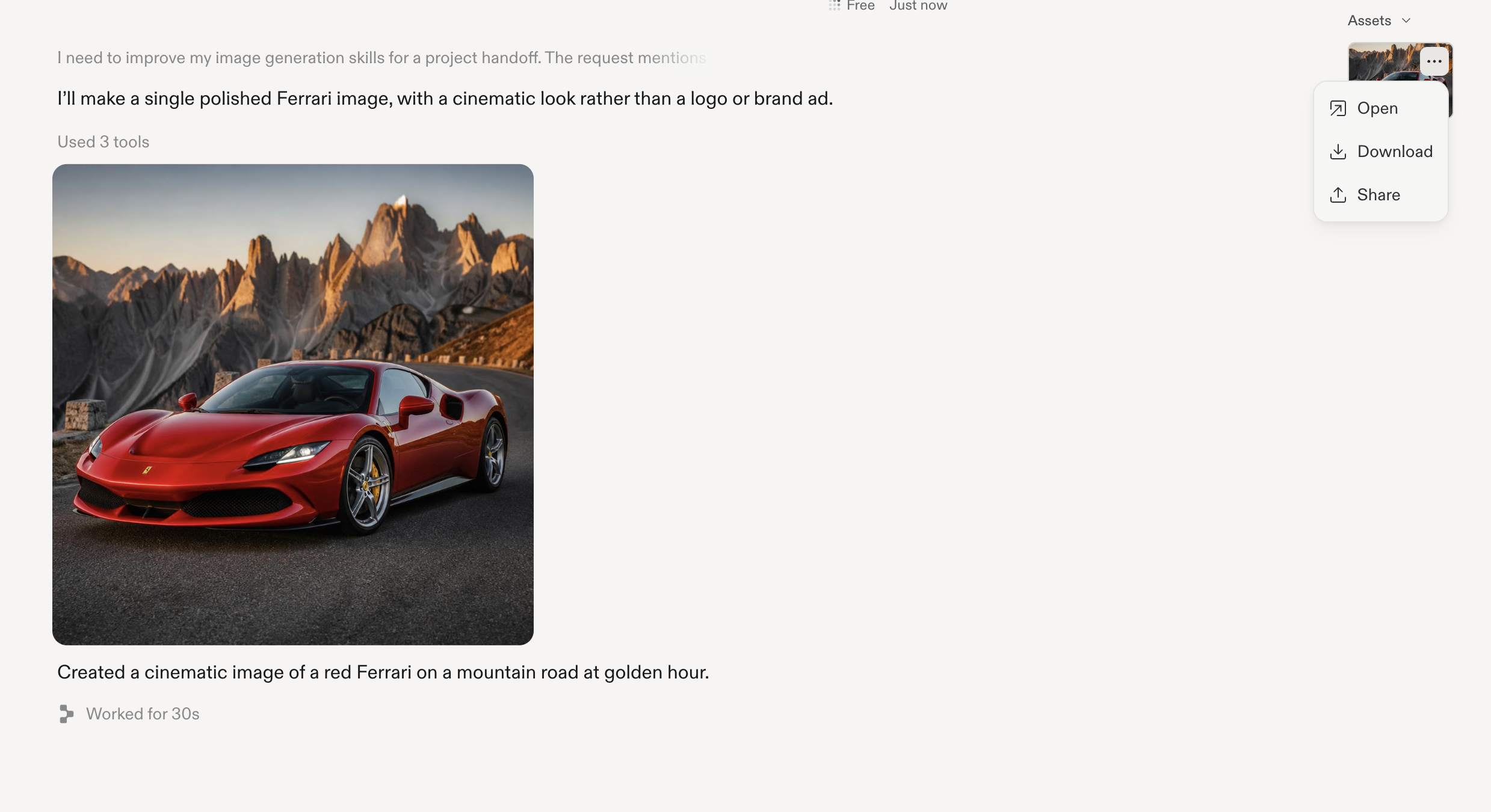Chat with a generated car image and its Assets menu open in the upper-right corner