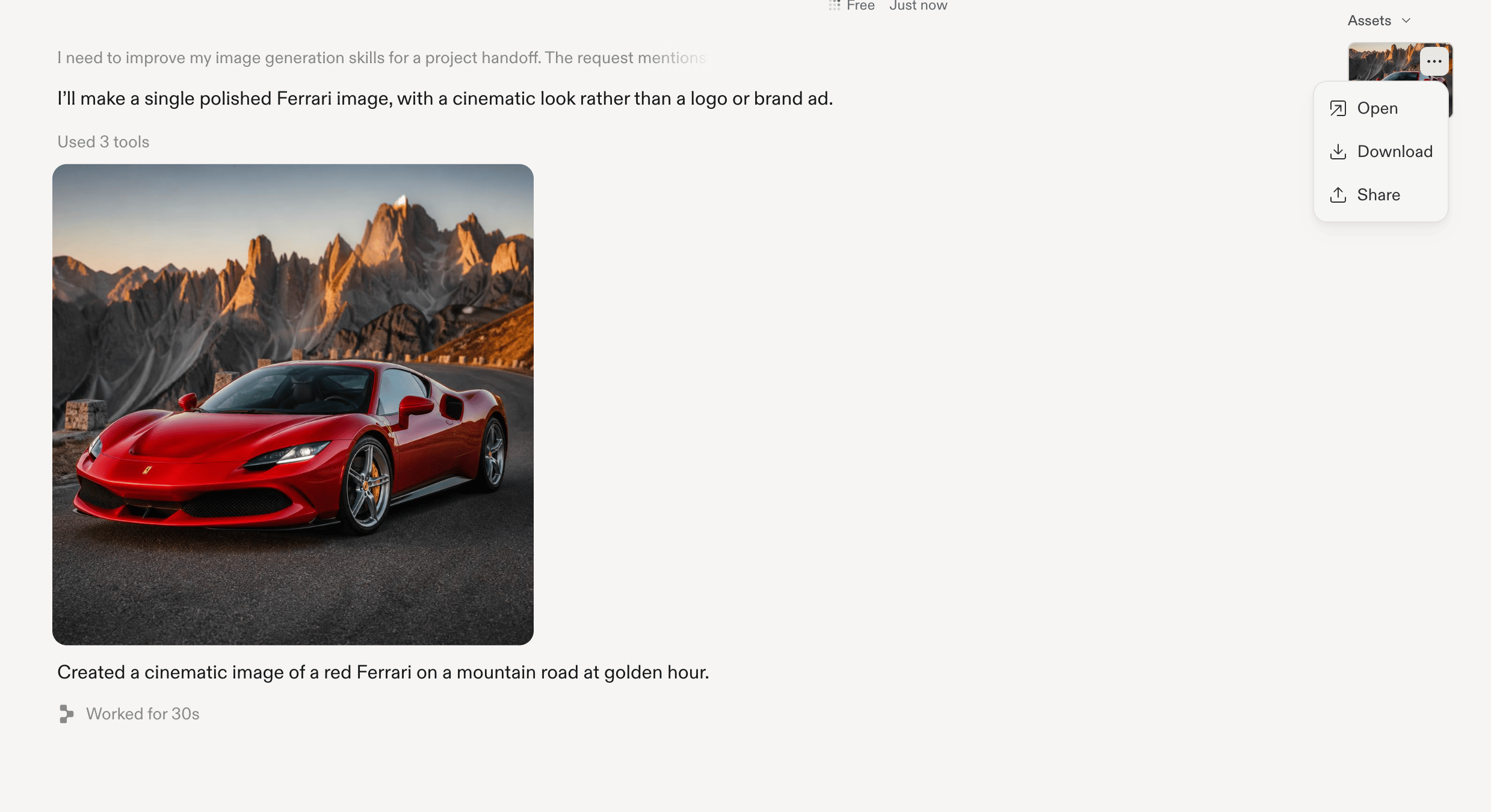 Chat with a generated car image and its Assets menu open in the upper-right corner