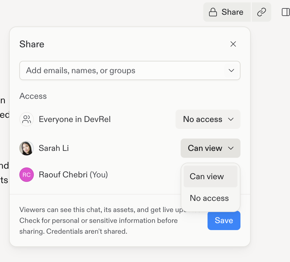 Share panel with workspace-wide No access, a teammate with Can view, and the Can view and No access permission menu open
