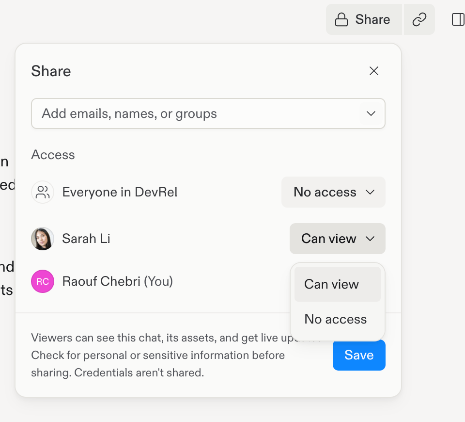 Share panel with workspace-wide No access, a teammate with Can view, and the Can view and No access permission menu open