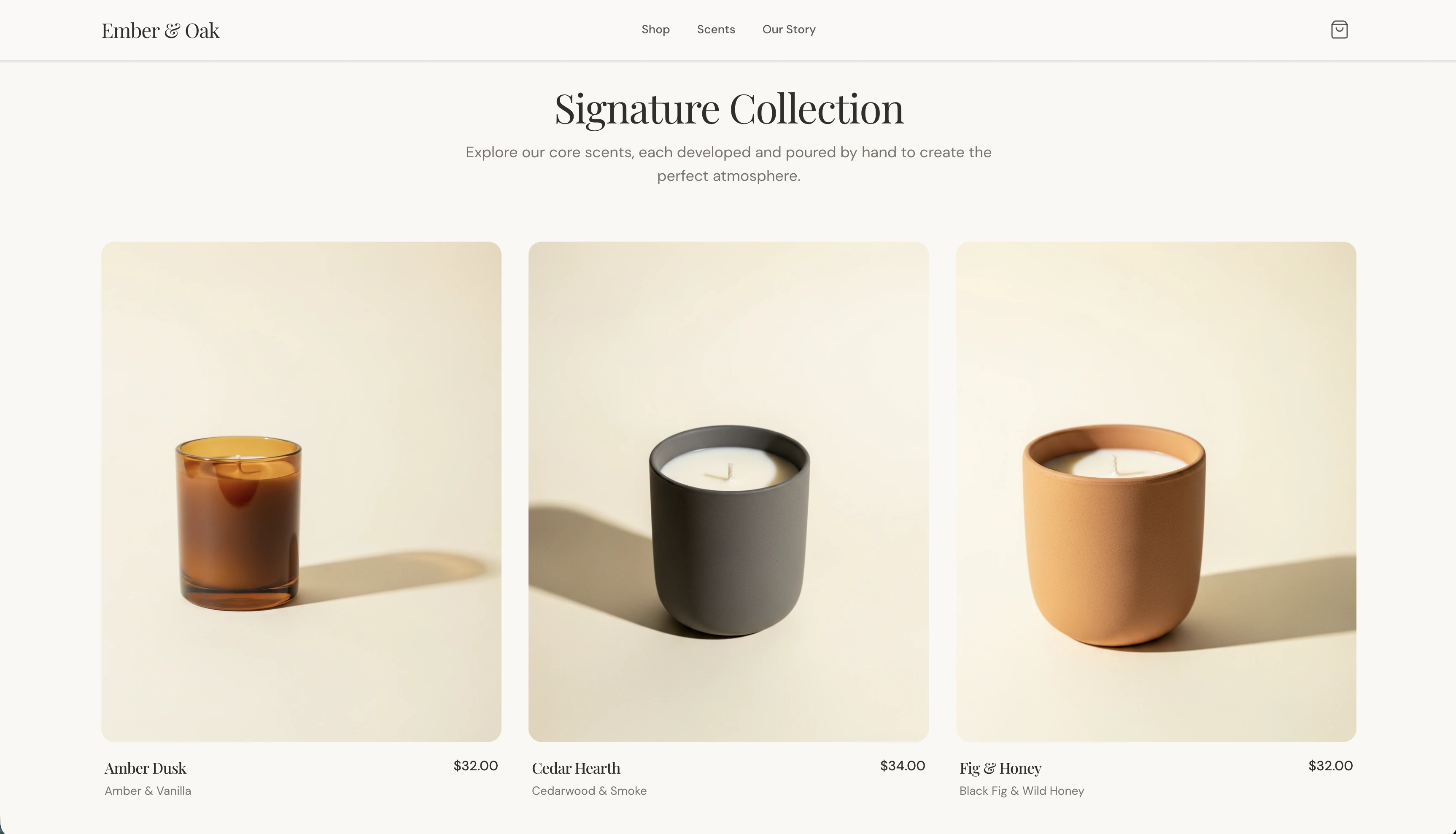 A storefront product grid showing candle products with names and prices