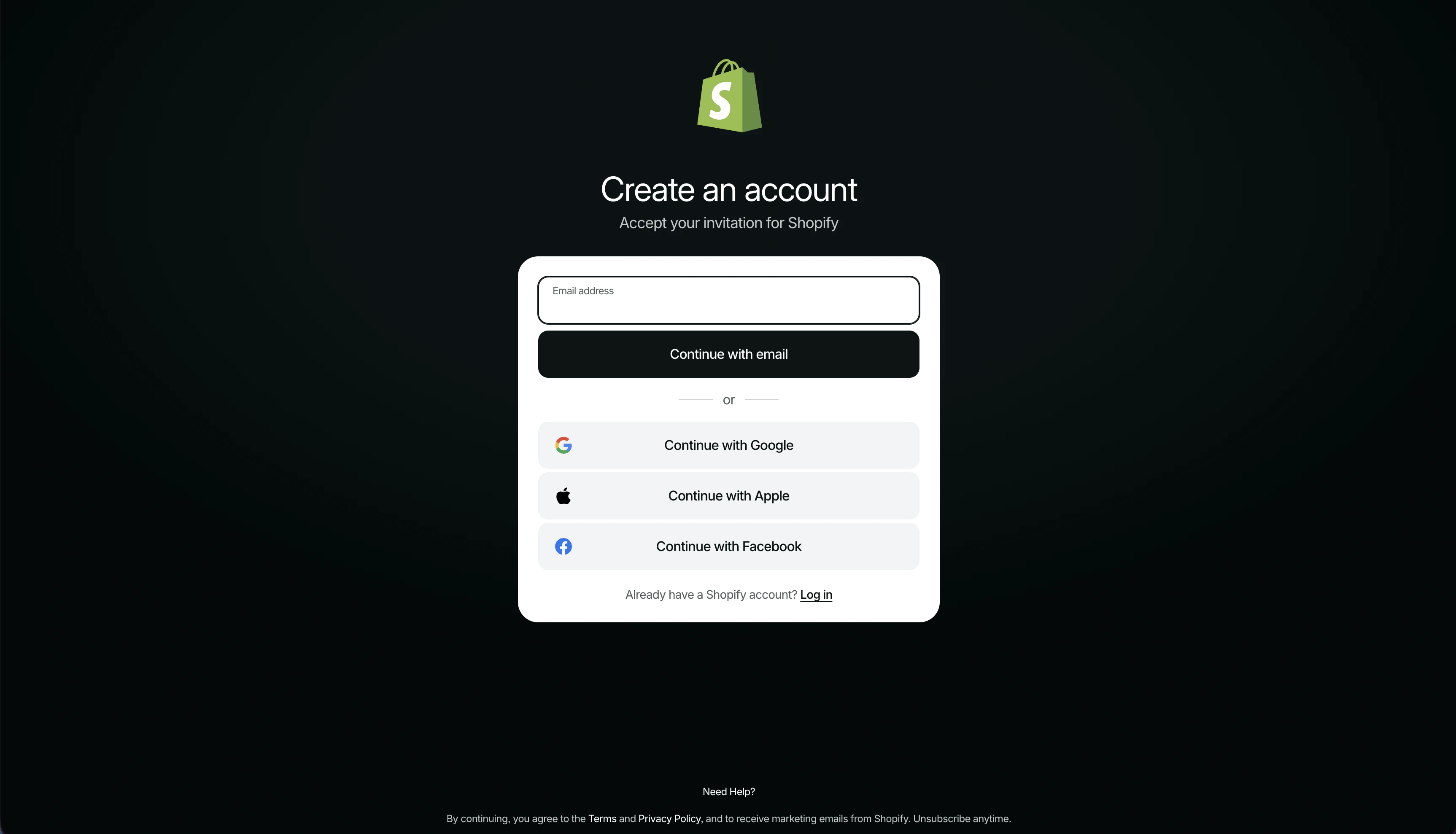 Shopify 'Create an account' screen to accept the invitation, with email, Google, Apple, and Facebook sign-in options