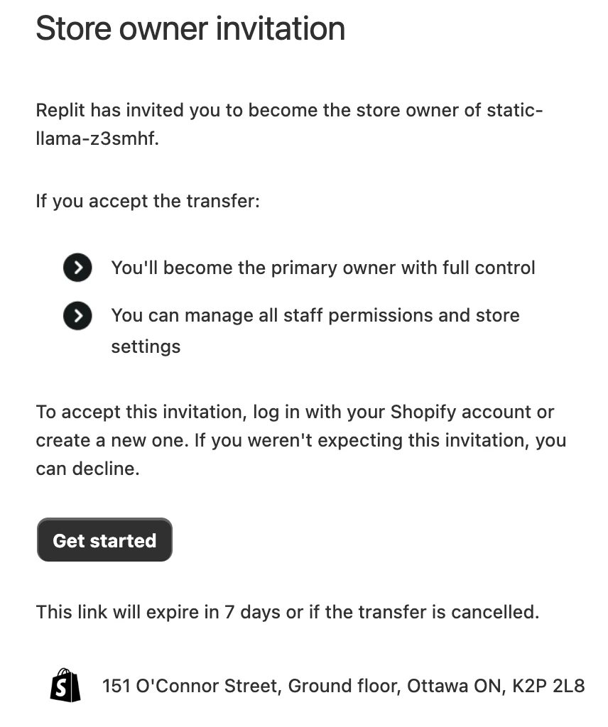 Shopify 'Store owner invitation' email inviting you to become the store owner, with a 'Get started' button