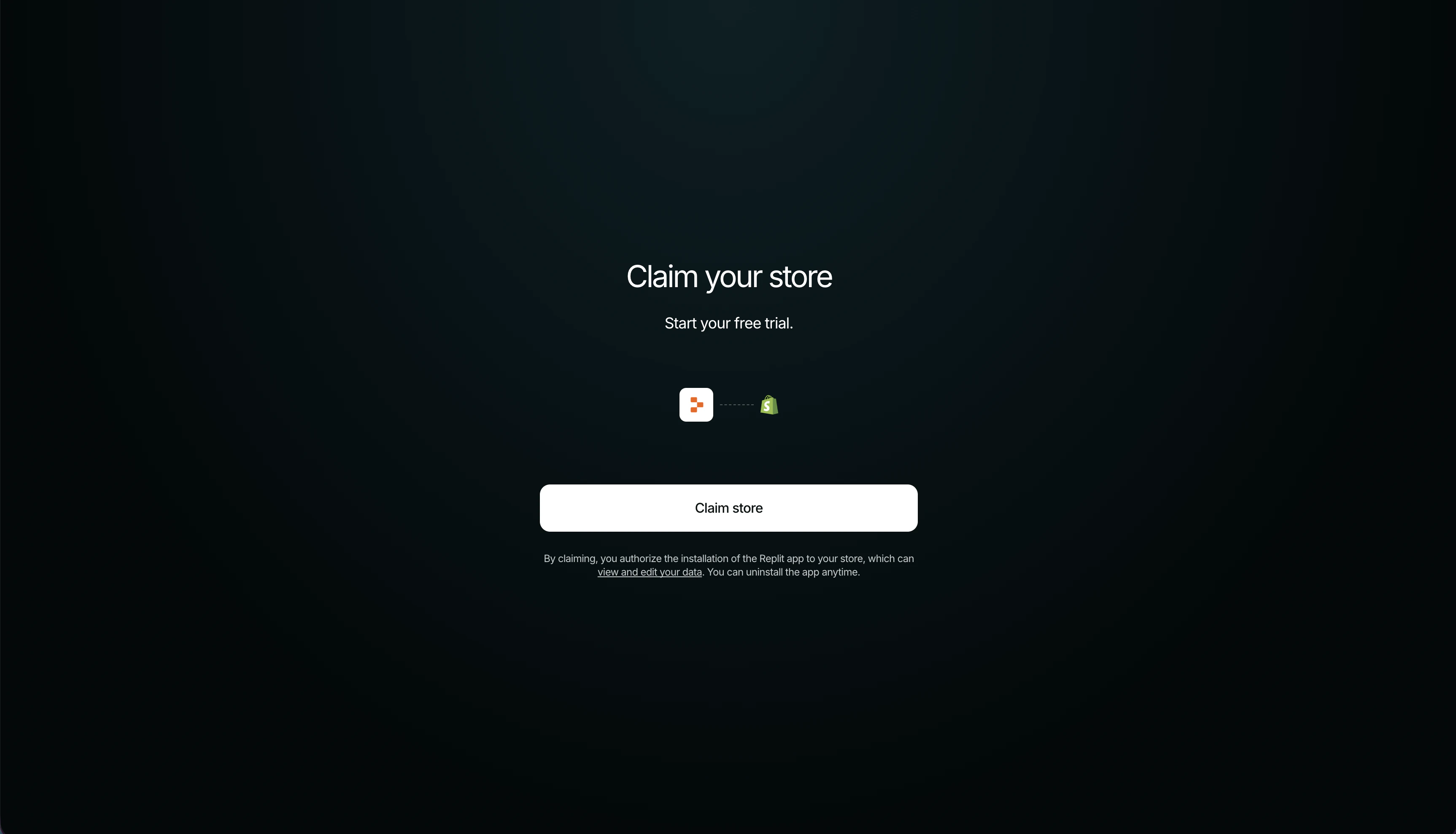 Replit 'Claim your store' screen with a 'Claim store' button