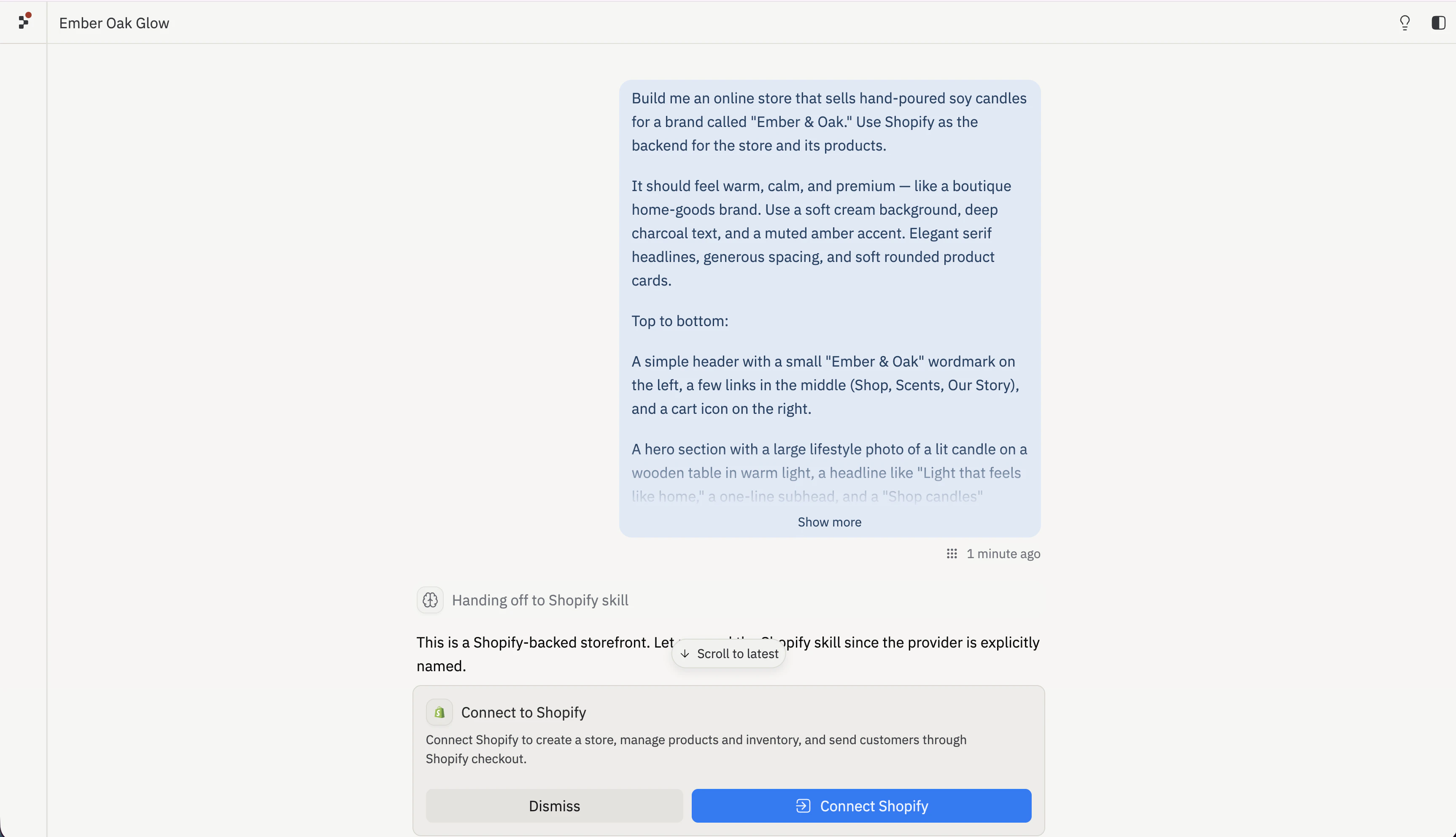 Replit Agent handing off to the Shopify skill, showing a 'Connect to Shopify' card with a Connect Shopify button