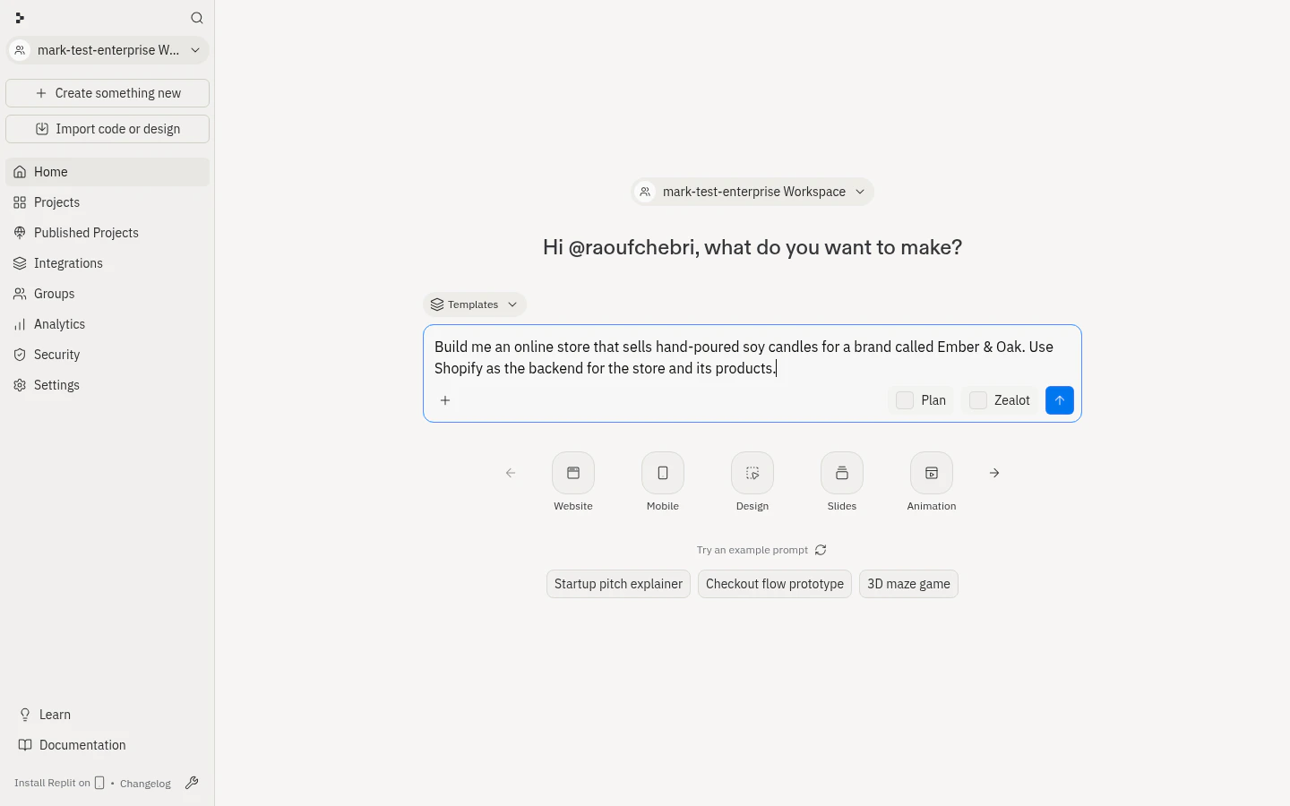 The Replit prompt box with a candle store prompt typed in