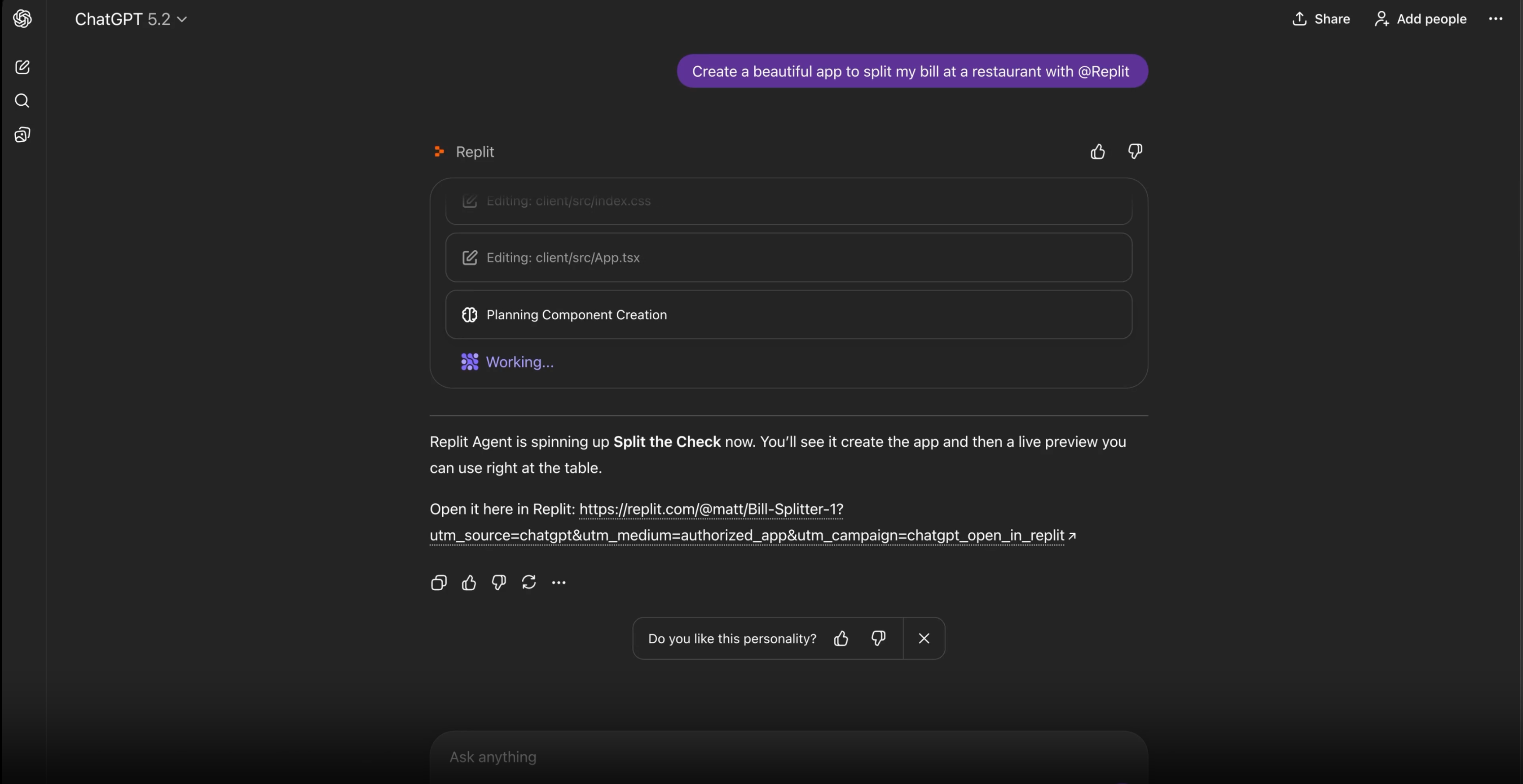 ChatGPT executing and building the app in Replit
