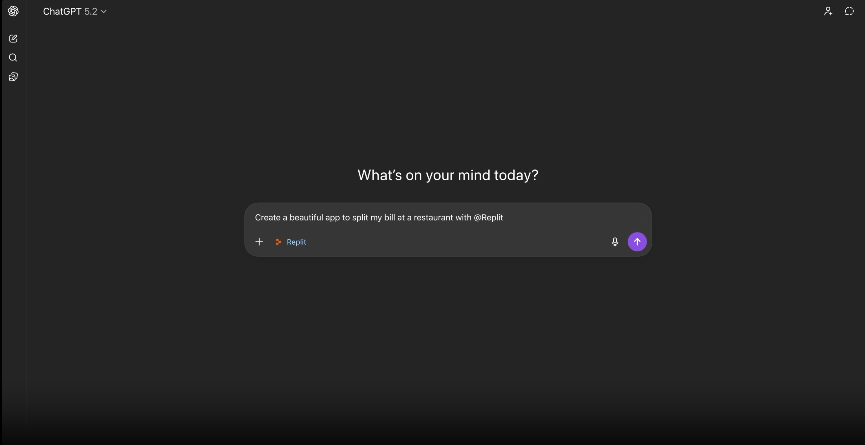 ChatGPT conversation with a prompt to create a bill splitting app using @Replit