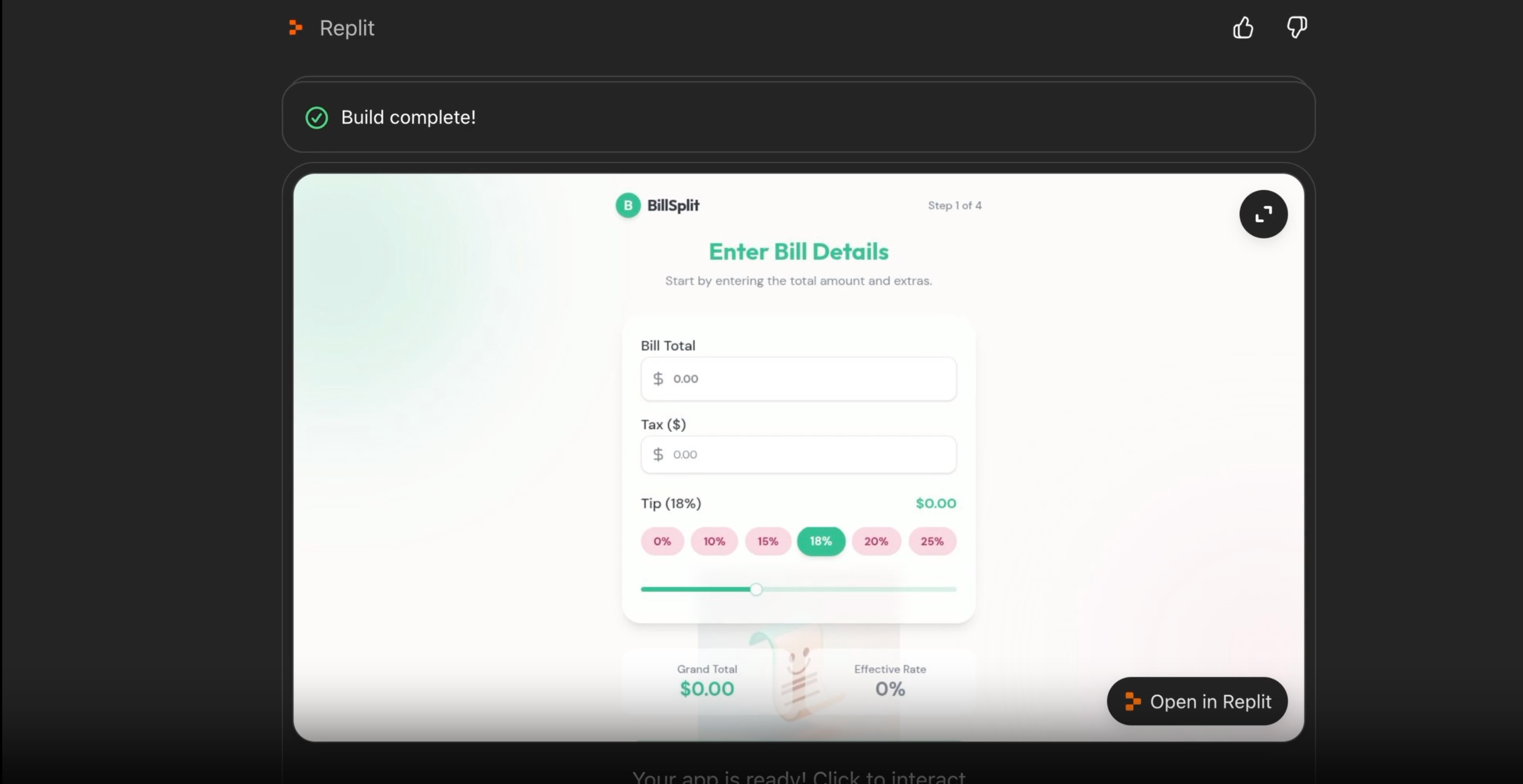 The completed bill splitting app in Replit
