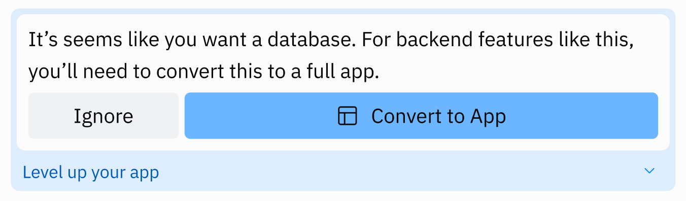 Convert to App button shown by Agent when functionality is requested
