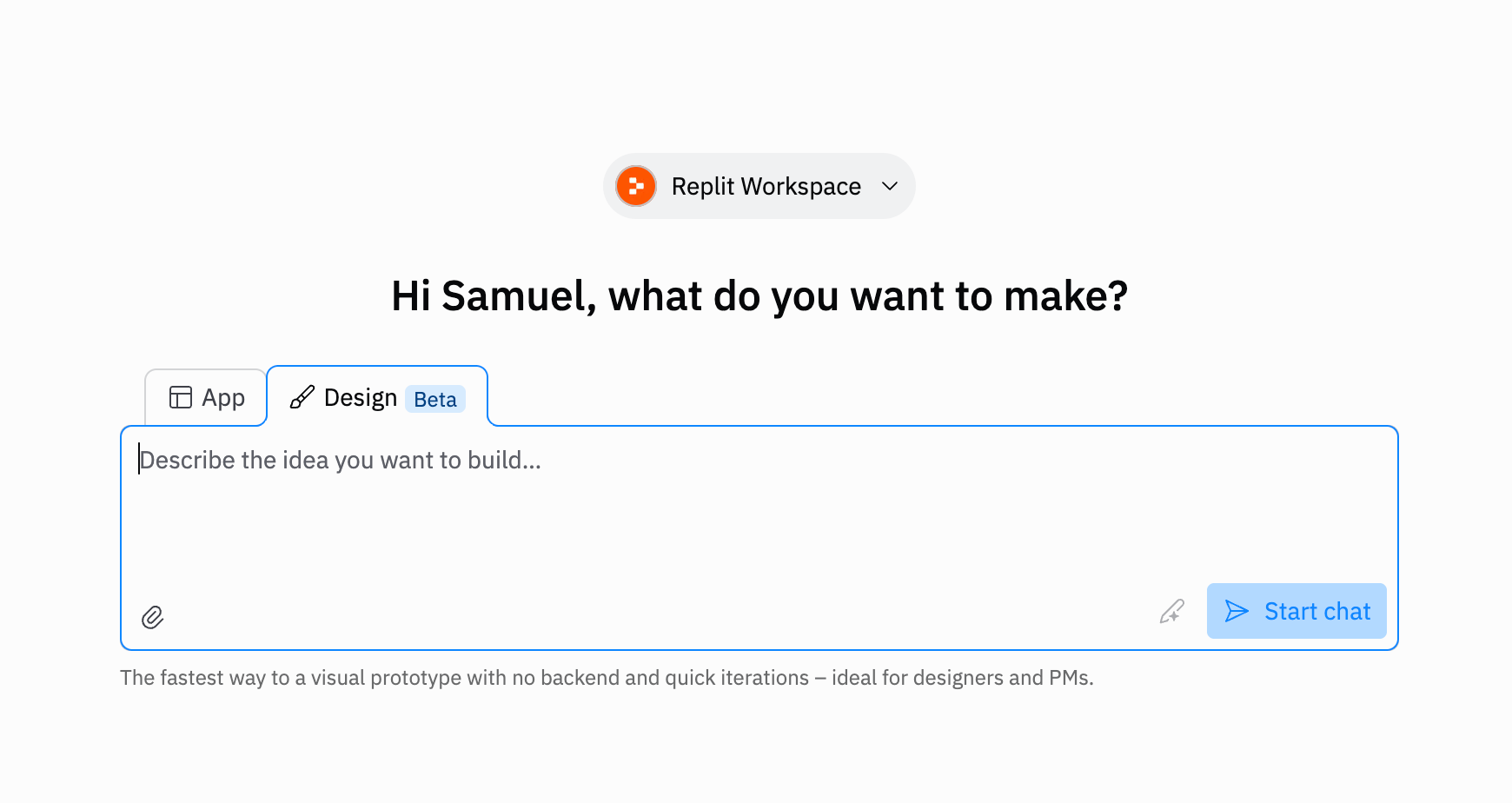 Replit homepage showing App and Design tabs with text input for creating designs