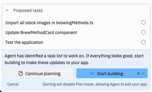 Plan mode interface showing task list and Start building button
