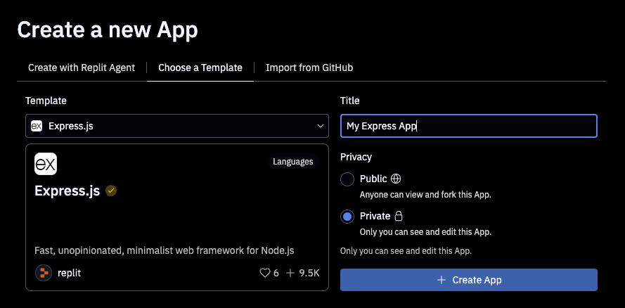 image of the Template selection in the Create App dialog