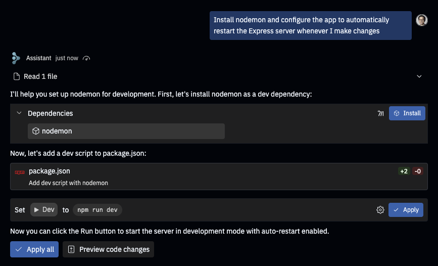 image of Assistant recommending installation of the nodemon package