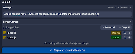 Git pane showing commit message field and stage options