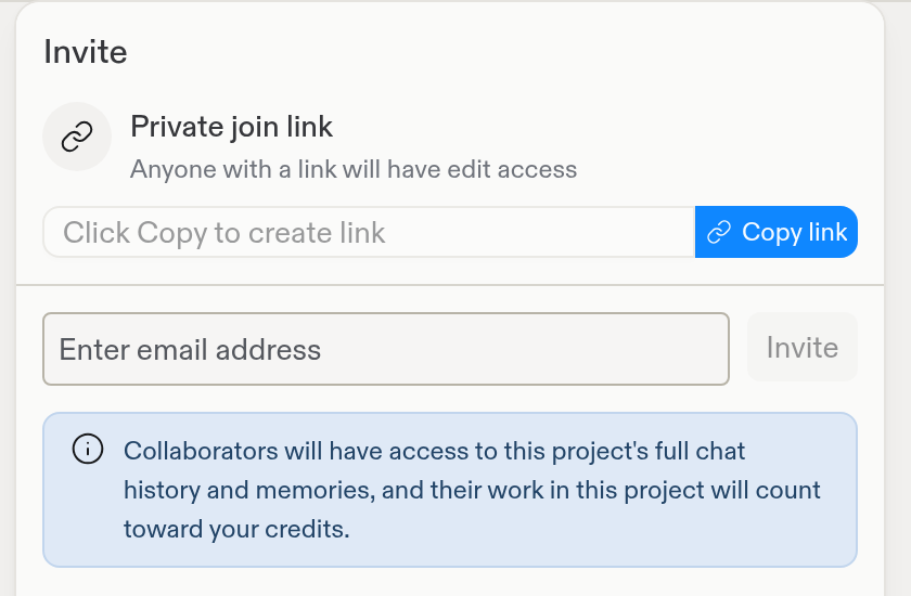 Invite panel with a private join link, Copy link button, email invitation field, and notice about collaborator access and credit usage